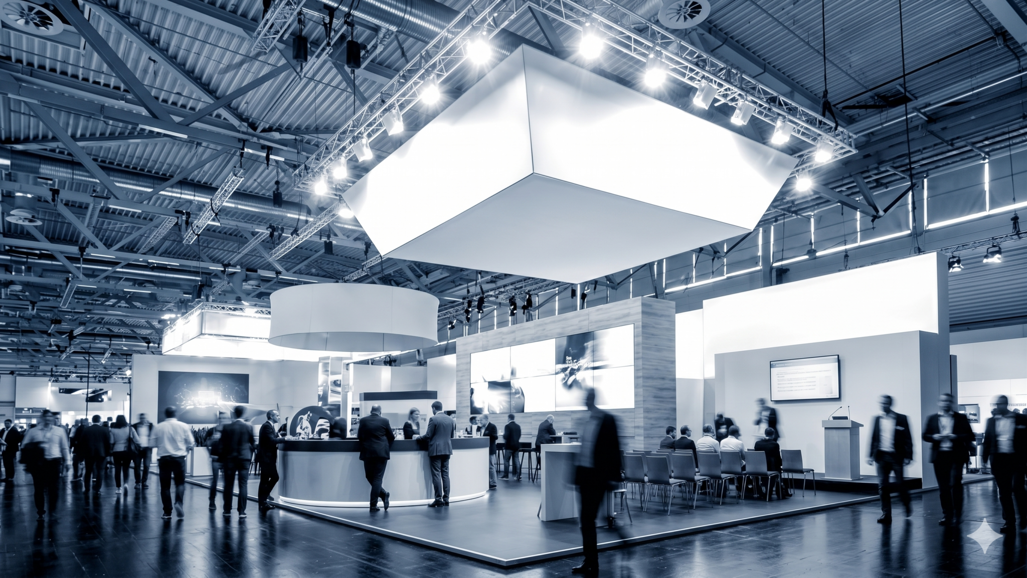 Gemini_Generated_Image_cxynkzcxynkzcxyn » Rumöller GmbH Busy trade show floor with a large illuminated cube suspended above a circular information desk and attendees walking around.