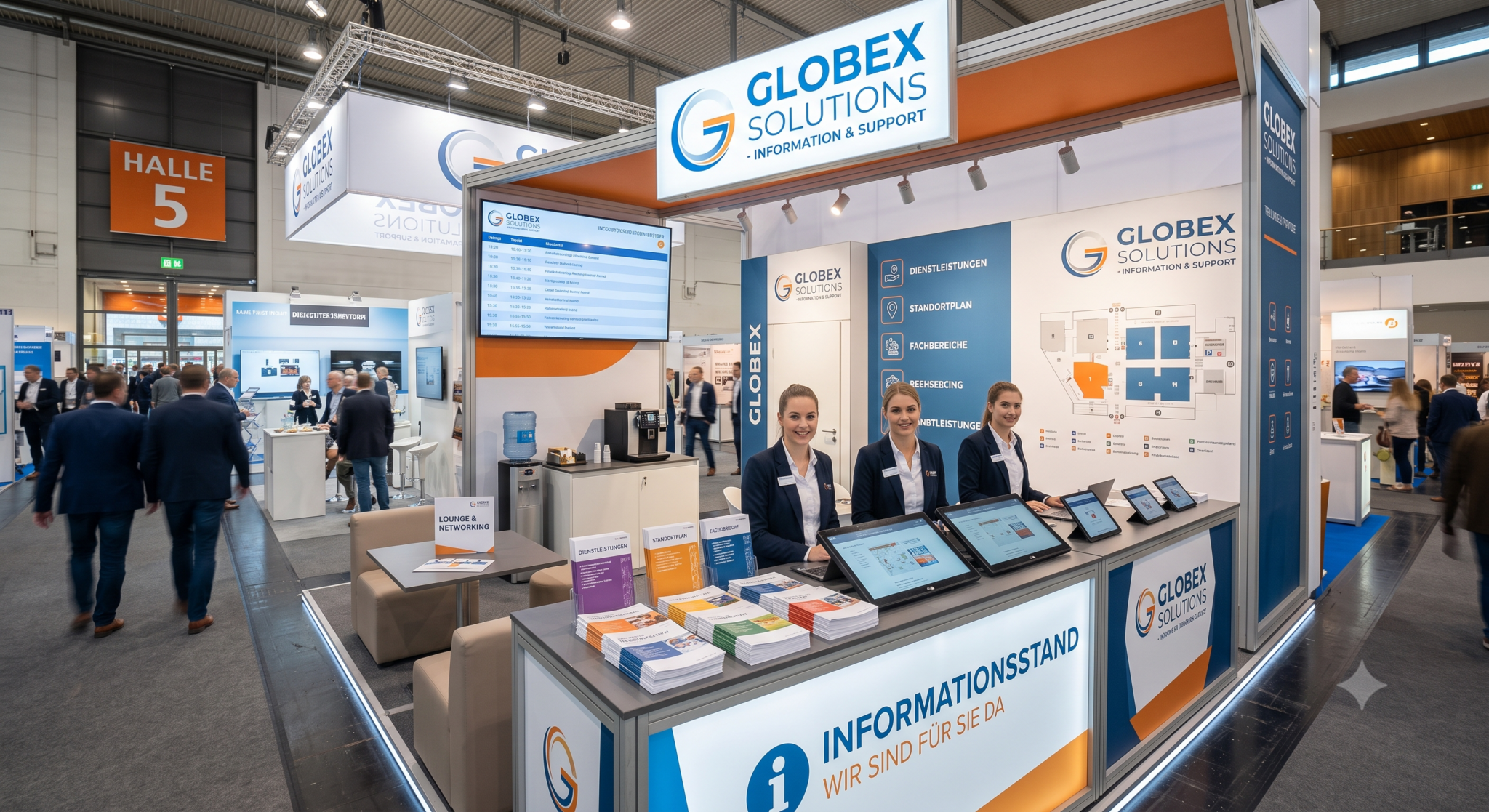 Informationsstand » Rumöller GmbH Globex Solutions trade show booth with three staff at an information desk and large branding banners