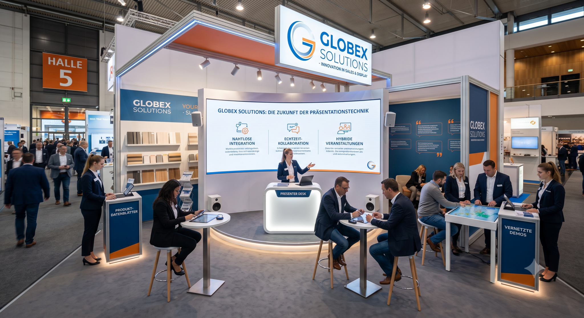 Präsentationsstand » Rumöller GmbH Globex Solutions trade show booth with presenter desk, large screen, and staff assisting visitors at a busy expo hall.