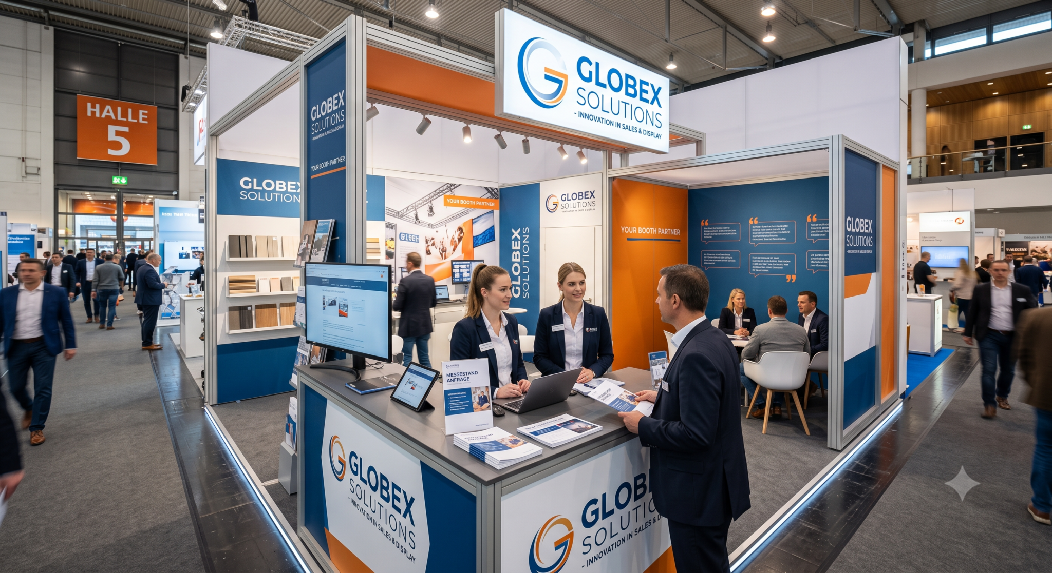 Verkaufsstand » Rumöller GmbH Trade show booth for Globex Solutions with staff at a desk, blue and orange panels, and overhead logo signage.